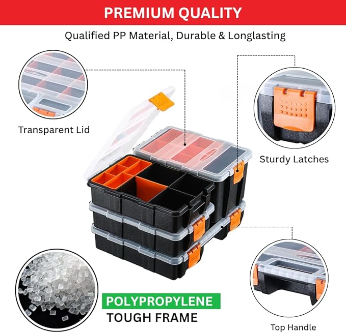 Andalus Tools Organizer Box, Small Parts Storage Multi-Compartment Portable Hardware Organizer Removable Plastic Dividers for Screws, Nuts, Bolts, Nails – Orange (4 Set, 12.2" x 9.1" x 7")