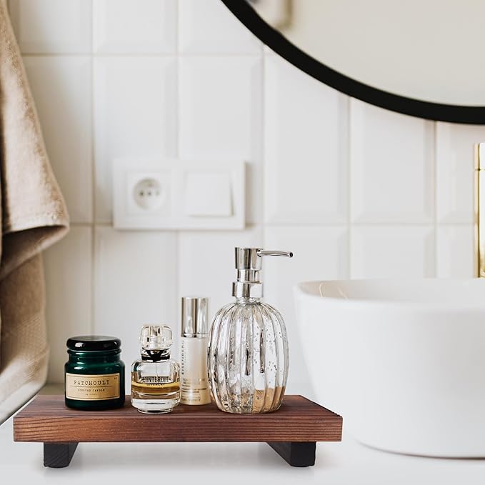 Small Kitchen Sink Soap Tray for Counter Bathroom Vanity Tray Wooden Risers for Kitchen Countertop Decor Dish Soap Dispenser Farmhouse Wood Pedestal Bathroom Organizer Accessories Decorative Trays