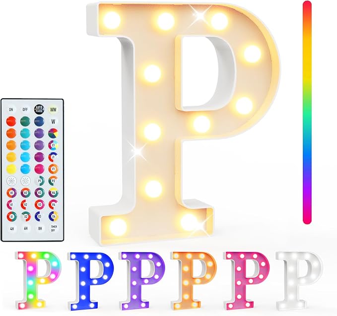 Pooqla Colorful Light Up Letters with Remote, Upgraded 35 Colors LED Marquee Letters, RGB Lighted Letter for Girls Teenager Gift, Birthday, Party, Wedding, Night Light, Room, Bedroom Decor, Letter P