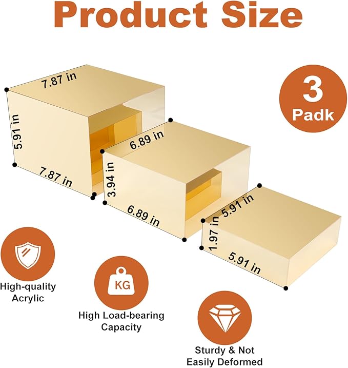 3 Pcs Acrylic Risers for Display, Gold Buffet Risers, Food Display Lifter, Acrylic Box Rack Dessert Collection Jewelry Character Party Rack