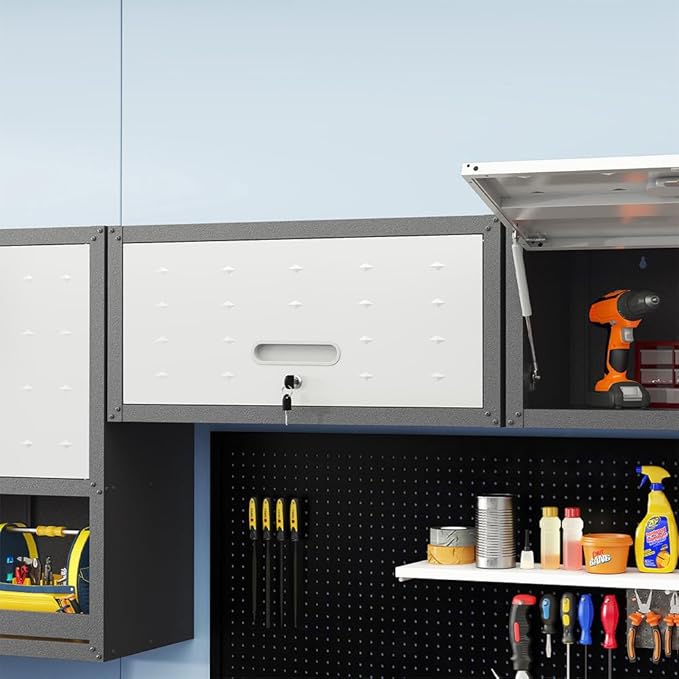 Metal Wall Mounted Cabinet with Up-flip Door, Lockable Heavy-duty Steel Wall Cabinet with lock, Floating Tool Storage Cabinet for Garage, Workshop,Warehouse, Assembly Required (Grey,13.58"H)