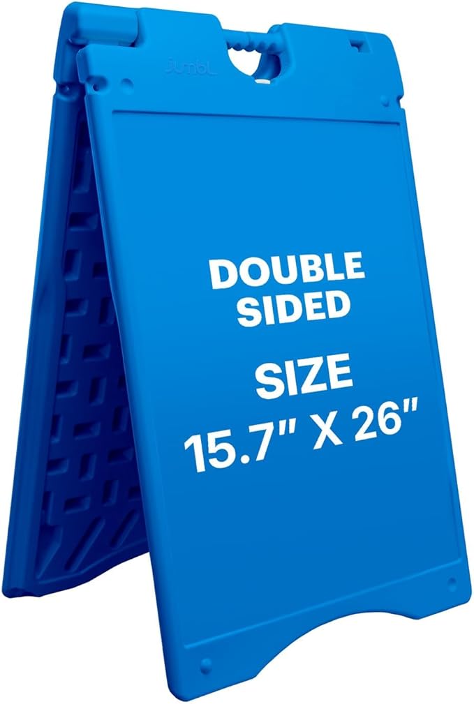 Jumbl A-Frame Signboard 15.7” x 26” Display Surface – Small Outdoor Sandwich Board w/Weather Resistant PVC Sign Protector & Sand Fill Holes – Dual Signage Stand for Storefront Sidewalk Curb (Blue)