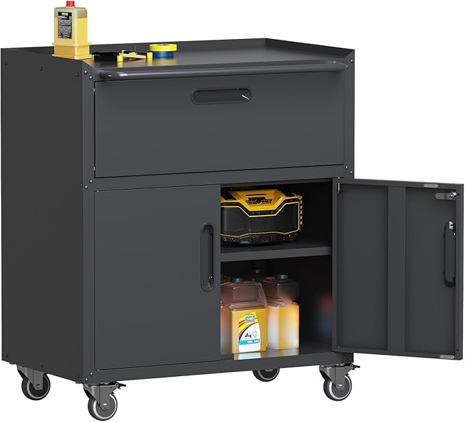 Metal Storage Cabinet with Wheels, Rolling Tool Chest with Adjustable Shelf & Handle, Lockable Garage Cabinet with 1 Drawer and 2 Doors, Mobile Steel Locker for Home, Office, Workshop, Black