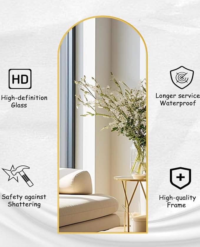 Floor Full Length Mirror, Arched Mirrors Full Length 81"x41" Freestanding Large/with Aluminum Frame & Wall Mounted & Hanging or Leaning & Full Body Mirror for Bedroom, (Gold)