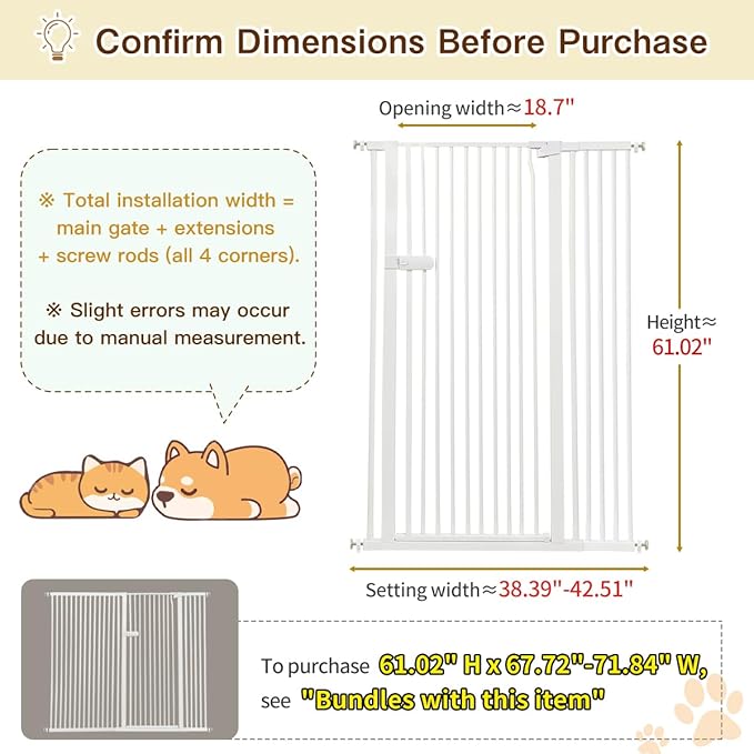 Lumizone Extra Tall Cat Gate 61.02" High Pressure Mounted Extra Wide 2025 New (17 Sizes) 1.37" Gap No Drilling Auto-Close One-Handed Operation Tall Pet Gate for Dogs(White, 61.02" H x 38.39"-42.51" W)