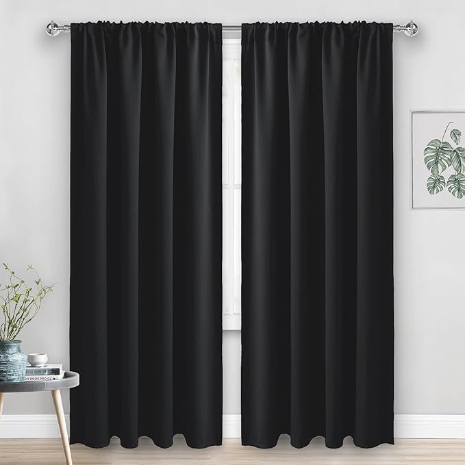 JIUZHEN Blackout Curtains for Bedroom - Thermal Insulated Room Darkening Rod Pocket Curtains for Living Room, Set of 2 Panels with Tiebacks, 52 x 90 Inch Length, Black