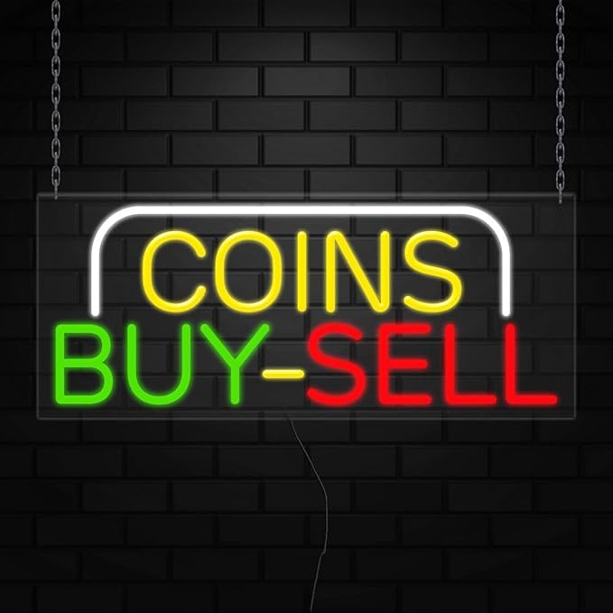 Coins Buy-Sell Neon Sign for Retail Displays | Value priced LED Flex Neon | Electronic Light Up LED Sign for Windows/Walls | 32"W x 13"H x 1"D