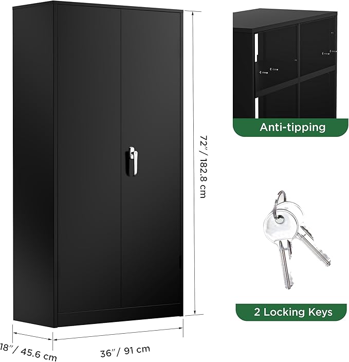 Greenvelly 72" H Metal Storage Cabinet, 36" W x 18" D Black Locking Metal Cabinet Garage Storage Cabinet with Doors and 4 Adjustable Shelves, Lockable Steel Cabinets for Home Office, Garage, School
