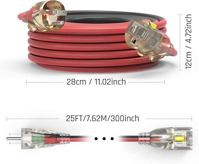 25FT 14/3 Gauge Heavy Duty Outdoor Extension Cord Waterproof with Locking LED Lighted Plugs, SJEOW All-Weather Jacket (-50°C to 105°C), 15amp 1875W, 3 Prong, ETL Certified