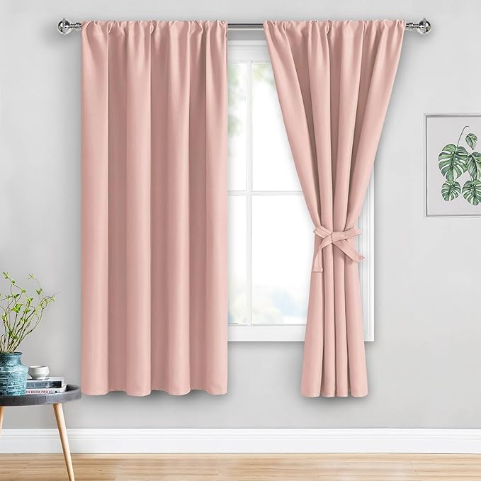 JIUZHEN Pink Blackout Curtains for Gril Room - Thermal Insulated Light Blocking Curtains, Room Darkening Rod Pocket Curtains for Living Room, Set of 2 Panels with Tiebacks, 42 x 63 Inch Length