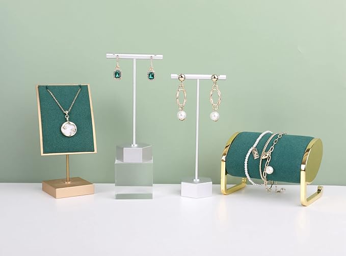 GemeShou Metal 2pcs Earring T Stand Silver Retail Display Holder for Show, White T Bar Jewelry for Online Store Photography 【Silver-Hexagon Base 2pcs Height 4.5" and 5.3"】