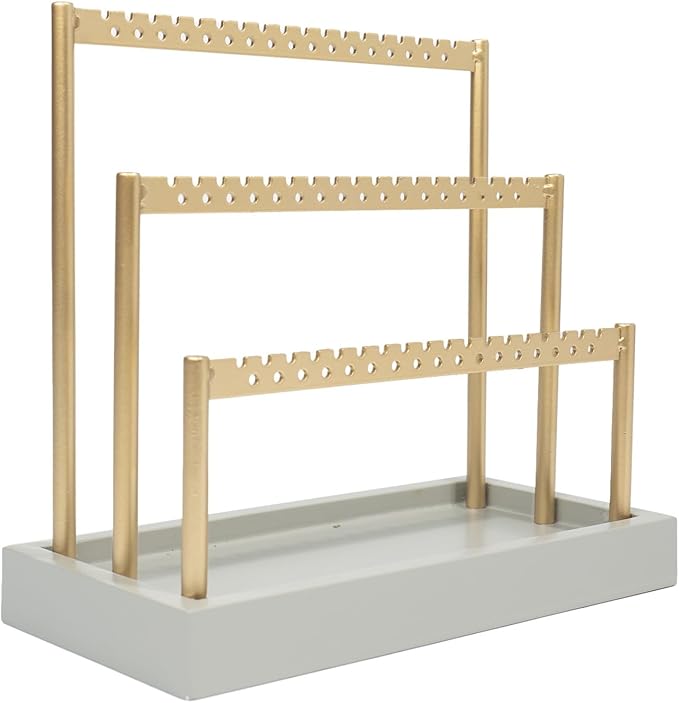 SANY DAYO HOME 3-Tier Earring Holder Organizer Stand, 105 Holes Gold Metal Earring Rack Jewelry Display Tree with Gray Wood Tray for Women and Girls