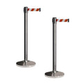 CCW Set of 2 Retractable Belt Barriers Stanchion, Polished Stainless Steel Post, RBB-100 (11 Foot Belt, Red and White Diagonal Belt)