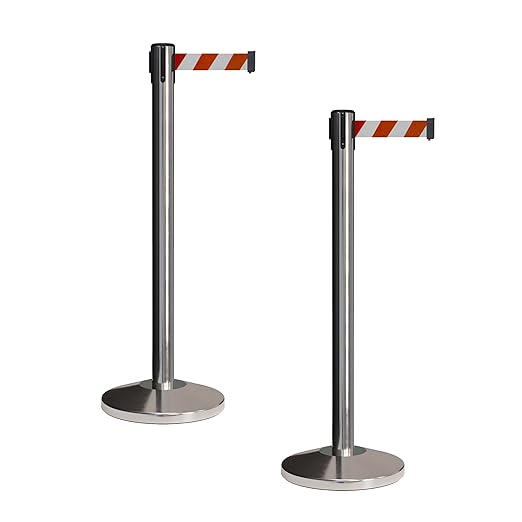 CCW Set of 2 Retractable Belt Barriers Stanchion, Polished Stainless Steel Post, RBB-100 (11 Foot Belt, Red and White Diagonal Belt)
