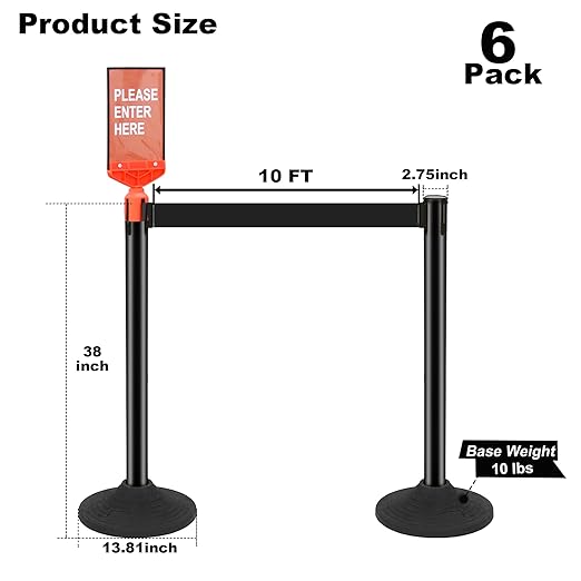6 Pack Crowd Control Barriers Stanchions with 10 ft Retractable Belts - Heavy-Duty Base Stanchions for Queue Management in Airports, Theaters, Hotels, and Retail Stores(Black, 6 Pack)