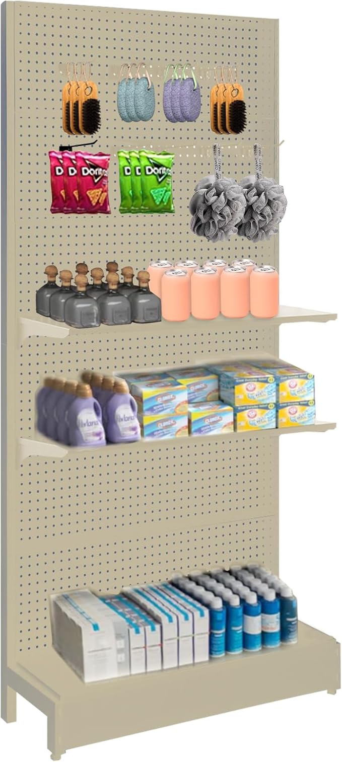 Pegboard Display Stand, Gondola Retail Shelving Wall Display for Convenient Grocery Office Supply or Liquor Stores, Single Side Peg Board Panels, Extra 20 Pieces Hooks, Cream Color