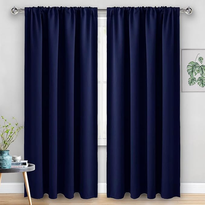 JIUZHEN Blackout Curtains for Bedroom - Thermal Insulated Room Darkening Rod Pocket Curtains for Living Room, Set of 2 Panels with Tiebacks, 70 x 96 Inch Length, Navy Blue