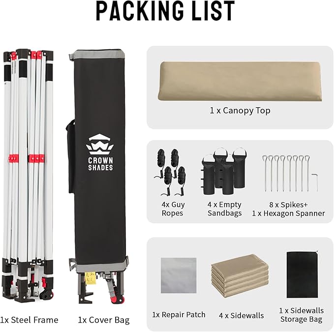 CROWN SHADES 10X10 Comercial Instant Canopy Pop Up Tent with Center Lock, 300D Fabric, 4 Sidewalls, Sto'N Go Bag, Beige