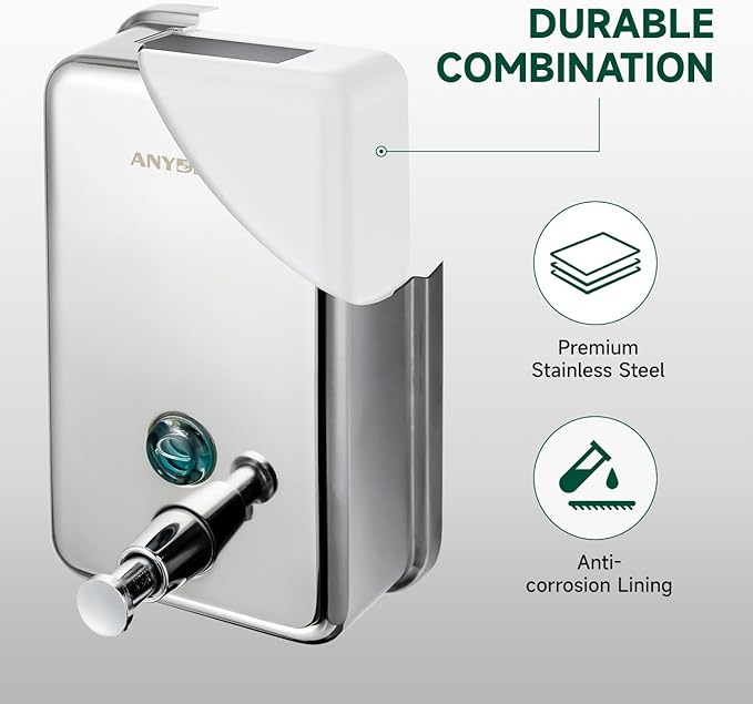 Commercial Manual Soap Dispenser, Durable Polished Stainless Steel Finish, 37oz (1100ml) Liquid, Wall-Mounted for Bathroom & Kitchen