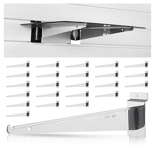 Therwen 24 Pcs 12" Chrome Slatwall Knife Shelf Bracket with Lip Metal Brackets Hooks Slatwall Hanger Heavy Duty Shelf Accessories Home Boutique Retailer Display (Plating Color)