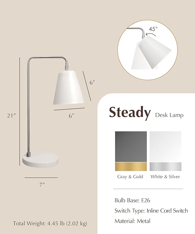 HarvestLand Steady Silver Reading Lamps for Bedside Table – Adjustable Industrial Table Lamp with Solid Base, Lamp for nightstand, Desk Lamp Home Office, Mid Century Modern Reading Lamp Style