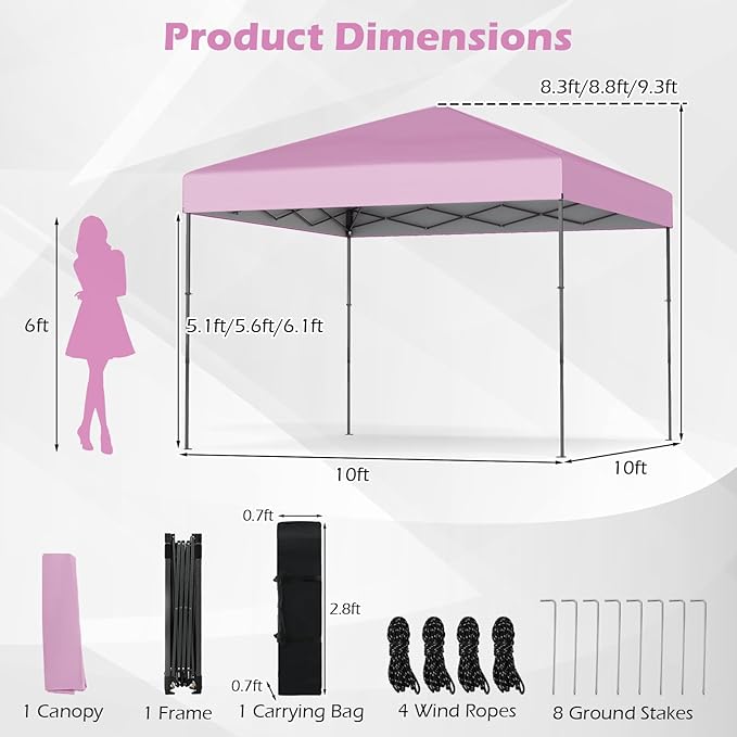 Tangkula 10x10 FT Pop Up Canopy, UPF50+ Portable Outdoor Tent with 8 Stakes, 4 Wind Ropes, Carrying Bag, Foldable Canopy Tent for Beach Party Event Camping