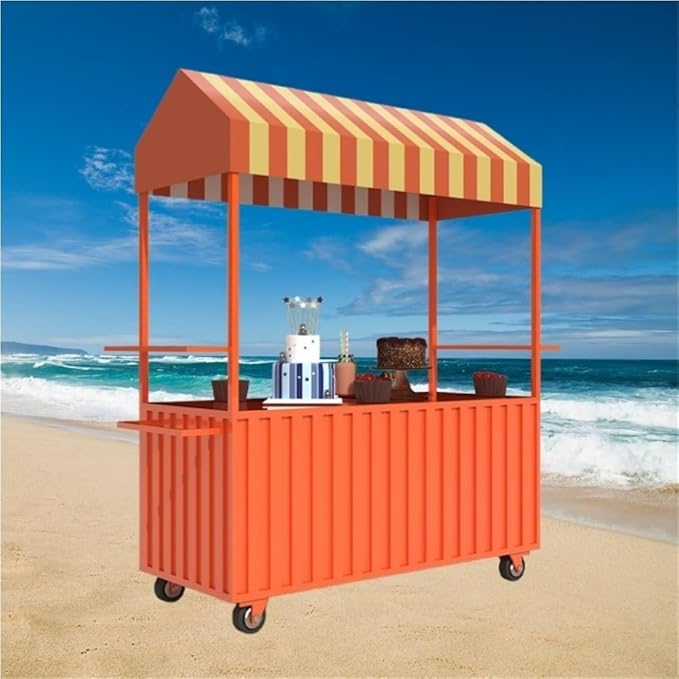 Outdoor Food Vendor Cart with Canopy, Portable Mobile Street Food Stand, Foldable Commercial Vending Trolley Kiosk for Markets and Events(Orange,55.1in)