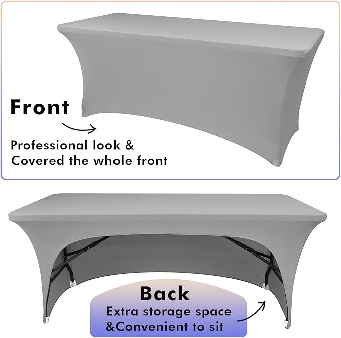 Nasitos 2 Pack 8 ft Table Cloth Rectangle Tables-Open Back Spandex Fitted Tablecloth, Grey Stretch Table Covers Washable and Wrinkle Resistant for Trade Show, Parties, Wedding, Banquet, Cocktails