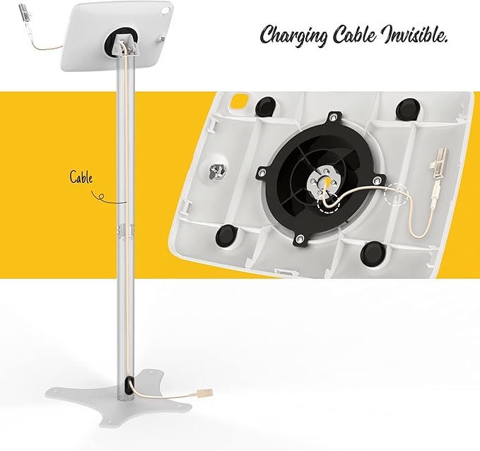 Tablet Kiosk Floor Stand Adjustable - Compatible with 10.2" iPad 7 8 9th, 120 Degree Rotate Lockable Tablet Enclosure+Aluminum Pole+Metal Base