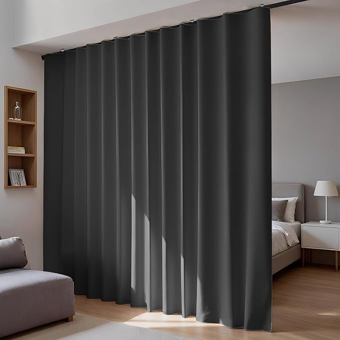 Room Divider Blackout Curtains Flexible Sliding Tracks Sets Ceiling Mounted Rod Window Curtain Privacy Separation for Bedroom Living Rooms,1 Panel Black Drape and Black Track Set-W144xH84 in