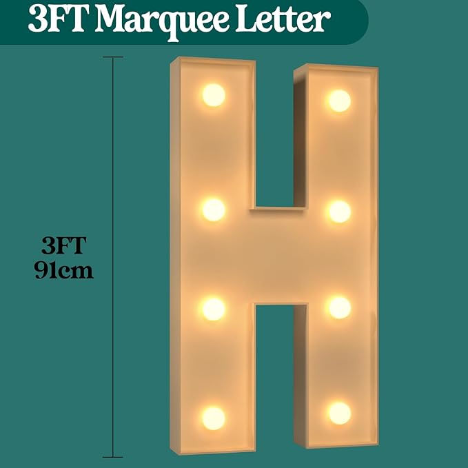 Marquee Letters 3 Feet Tall, 3FT Large Light up Letters H, Big Sign H with Warm White Light for Birthday HOCO Wedding Proposal Engagement Graduation Party Backdrop Decorations