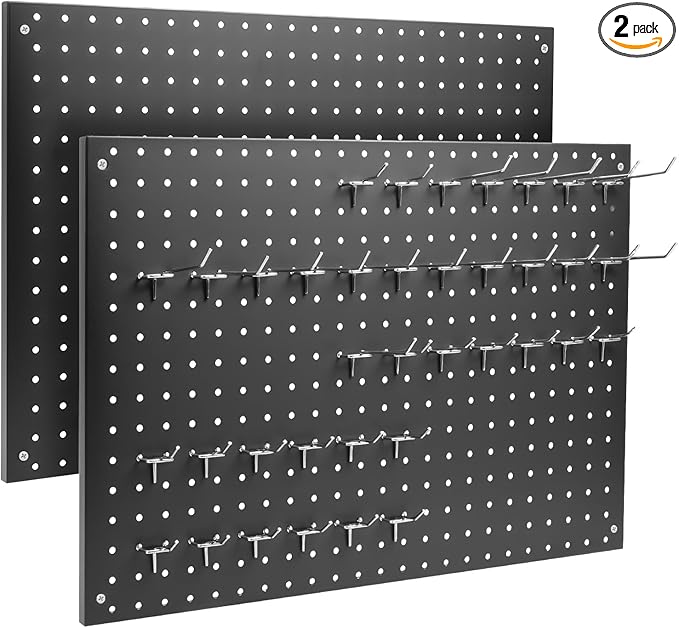 Peg Board, 2 Pack Metal Pegboard Panels Black Pegboards Wall Organizer with Frame Large Heavy Duty Peg Board with Hooks for Walls Home,Garage Tool Storage,Office Organization,Kitchen 24”×16”