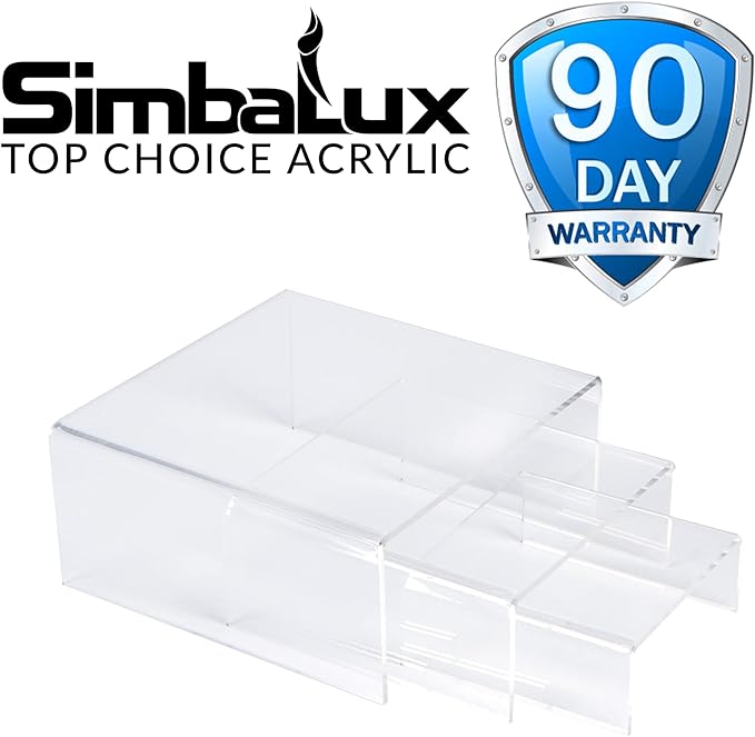 SimbaLux Acrylic Display Risers Clear Stand Set of 3 Small Low Profile Tiered for Showcasing Food, Cupcake, Dessert, Candy, Jewelry, Figurines, Photos, Retail & Home Decoration, Durable & Steady