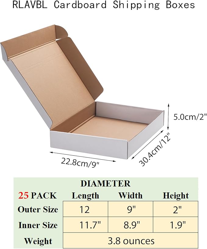 RLAVBL 12x9x2 Shipping Boxes Set of 25, White Corrugated Cardboard Box for Packing, Mailing, Business