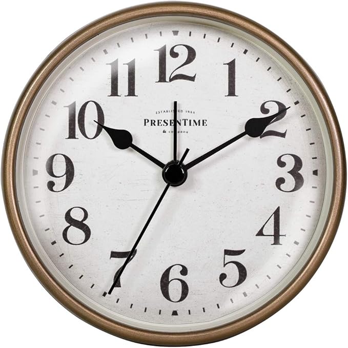 Presentime & Co 4" Vintage Tabletop Alarm Mantel Clock, Desk and Shelf Clock, Silent no Ticking, Rustic Grey Oak and Antique Gold Finish. Tabletop Décor, Home Décor, Farmhouse Décor.