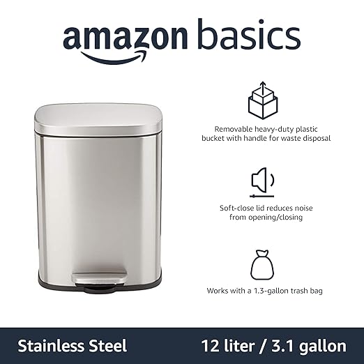 Amazon Basics Smudge Resistant Small Rectangular Trash Can With Soft-Close Foot Pedal, Brushed Stainless Steel, 12L/3.2 Gal, 11.3x9.9x15.1 in, Satin Nickel Finish