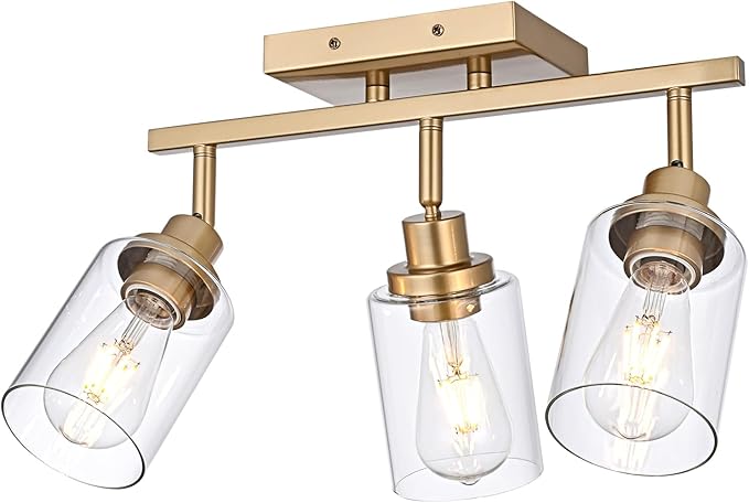 3-Light Gold Tracking Lights, Multi-Directional Rotating Ceiling Tracking Lighting Fixture with Clear Glass, Modern Bathroom Ceiling Vanity Lights Track Lighting Kits for Kitchen Accent Shop