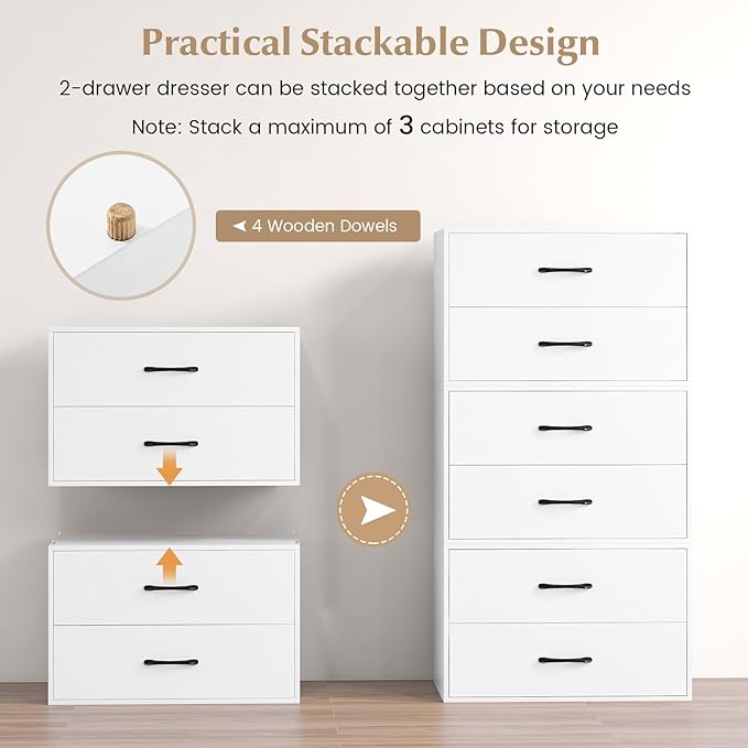 GOFLAME Stackable 2-Drawer Dresser, Wood Horizontal Storage Organizer with Metal Handle & Smooth Sliders, Lateral File Cabinet with Anti-tilt Kit for Bedroom Office, White