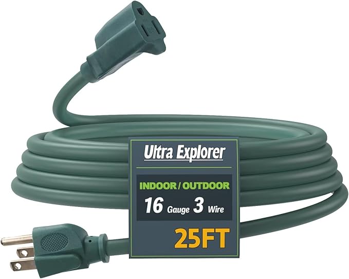 25 Ft Indoor Outdoor Green Extension Cord, 16/3 SJTW Heavy Duty Water-Resistant, 3 Prong Grounded Plug Power Cord for Home Appliance, Lights and Lawn, 13A 1625W, UL Listed
