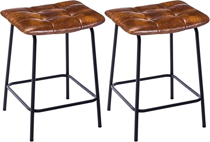 DUHOME 24” Square Tufted Counter Bar Stools Set of 2, Breathable Faux Leather Upholstered Barstool with Footrest, Backless Stool for Kitchen Counter Island Bar, YellowishBrown
