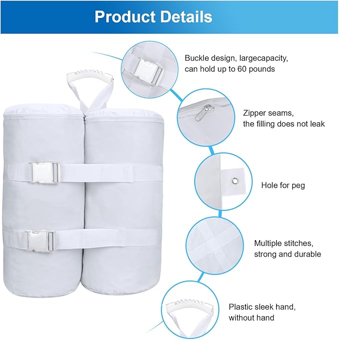 Extra Large 240 lbs White Canopy Sandbags Weight Bags for Pop up Canopy Tent,1680D Heavy Duty Leg Canopy Weights Sand Bags Perfectly Matched with White Canopy/Gazebo/Patio Umbrellas,Set of 4