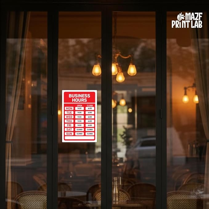 Business Hours Sign – 12×8" PVC Plastic Door/Window Sign | Waterproof, UV-Printed, Easy to Read | Store/Shop Hours Open & Close Time for Retail, Restaurant, Office