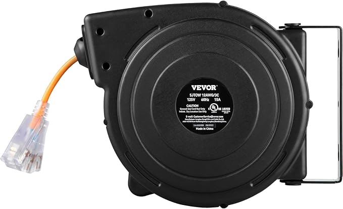 VEVOR Retractable Extension Cord Reel, 45 FT, Heavy Duty 12AWG/3C SJTOW Power Cord, with Lighted Triple Tap Outlet, 15 Amp Circuit Breaker, 180° Swivel Bracket for Ceiling or Wall Mount