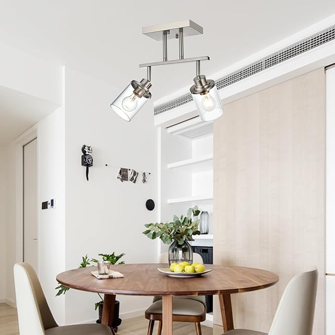 Yaohong 2-Light Track Lighting Kit Brushed Nickel Track Lighting Fixtures, Bathroom Wall Light Ceiling Mount Rotatable Spotlights, Kitchen Ceiling Light Fixtures with Glass Shade for Bathroom Hallway