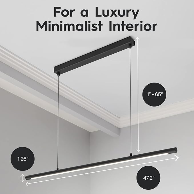 LED Linear Pendant Light, Office Light, Flicker-Free, Dimmable, Modern Ceiling Lighting for Bedroom Dining Room Table, 20W 5000K Cold Light 47.2" Black