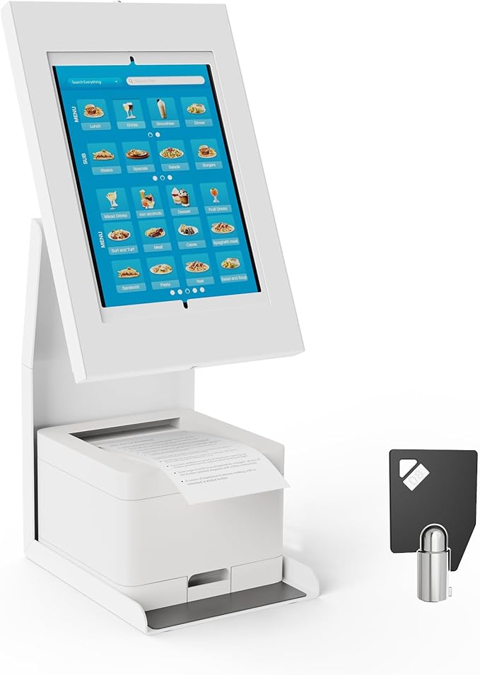 Mount-It! Anti-Theft Tablet Kiosk with Printer Stand, Locking Countertop Tablet Enclosure with Freestanding Base, Universal Enclosure Compatible with iPads Gen 9 and 10, iPad Pro, iPad Air, White