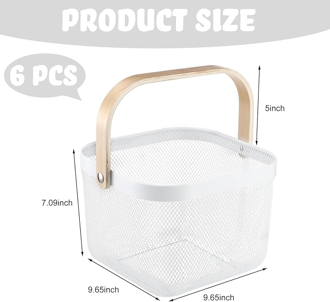 Roshtia 6 Pcs Metal Mesh Steel Basket with Handle, Square Wire Harvest Thanksgiving, Shopping Baskets for Retail Store Christmas Garden Bathroom Kitchen(9.65 x 9.65 x 7.09 Inch,White)