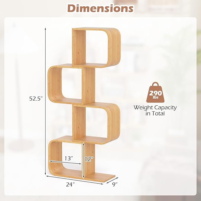 Giantex S-Shaped Bookcase Set of 2, 4-Tier Bamboo Bookshelf with 2 Open Cubes, Geometric Corner Display Shelf, Decorative Storage Organizer, Floor Storage Rack for Living Room, Home Office, Natural
