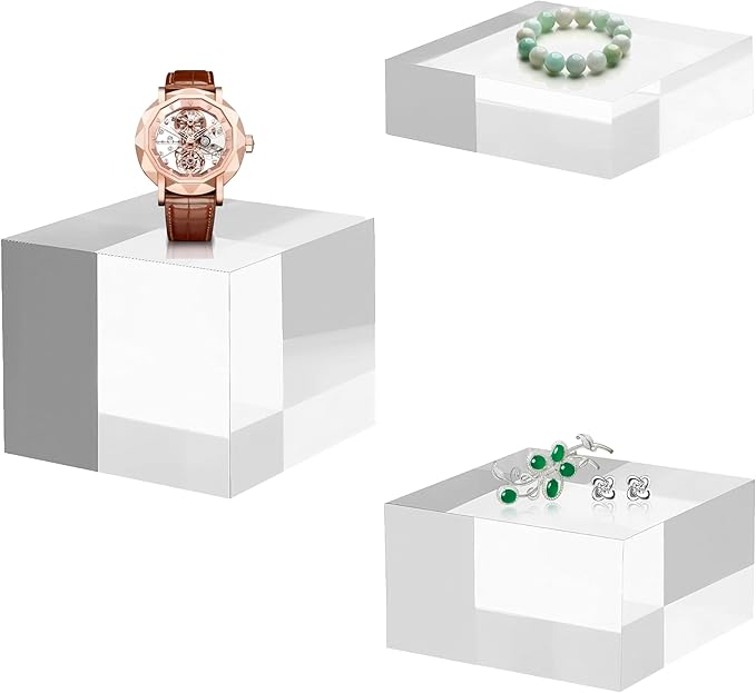 Acrylic Display Stands, 3 Graduated Sizes Acrylic Block Riser for Displaying Collection, Crystal Clear Acrylic Cube Pedestals for Jewelry Glass, Gem and Collectables, 2set