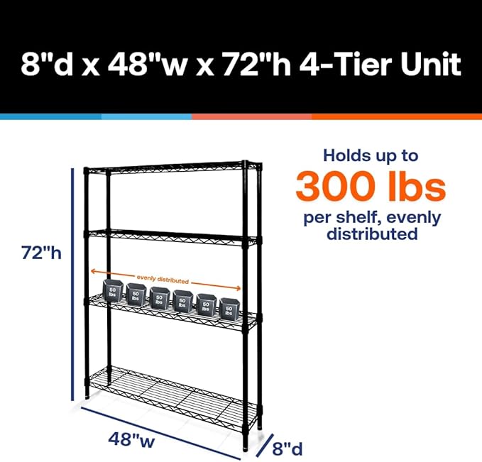 Shelving Inc. 8" d x 48" w x 72" h Black Wire Shelving with 4 Tier Shelves, Weight Capacity 300lbs Per Shelf